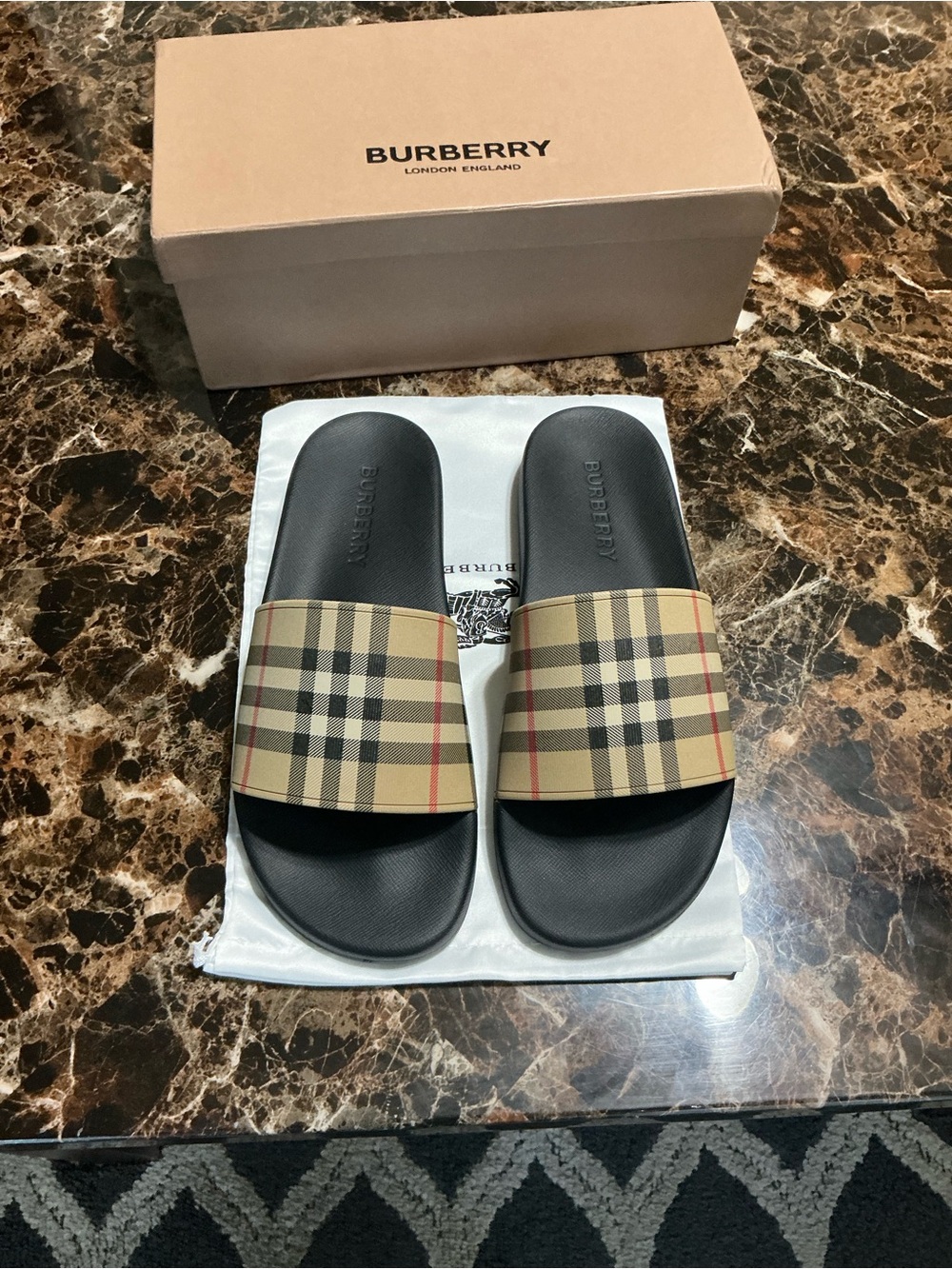 Burberry Tan Check Slide Sandals with Black Footbed